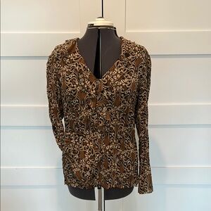 Notations Brown Tan and Black Ruched Long Sleeve Blouse